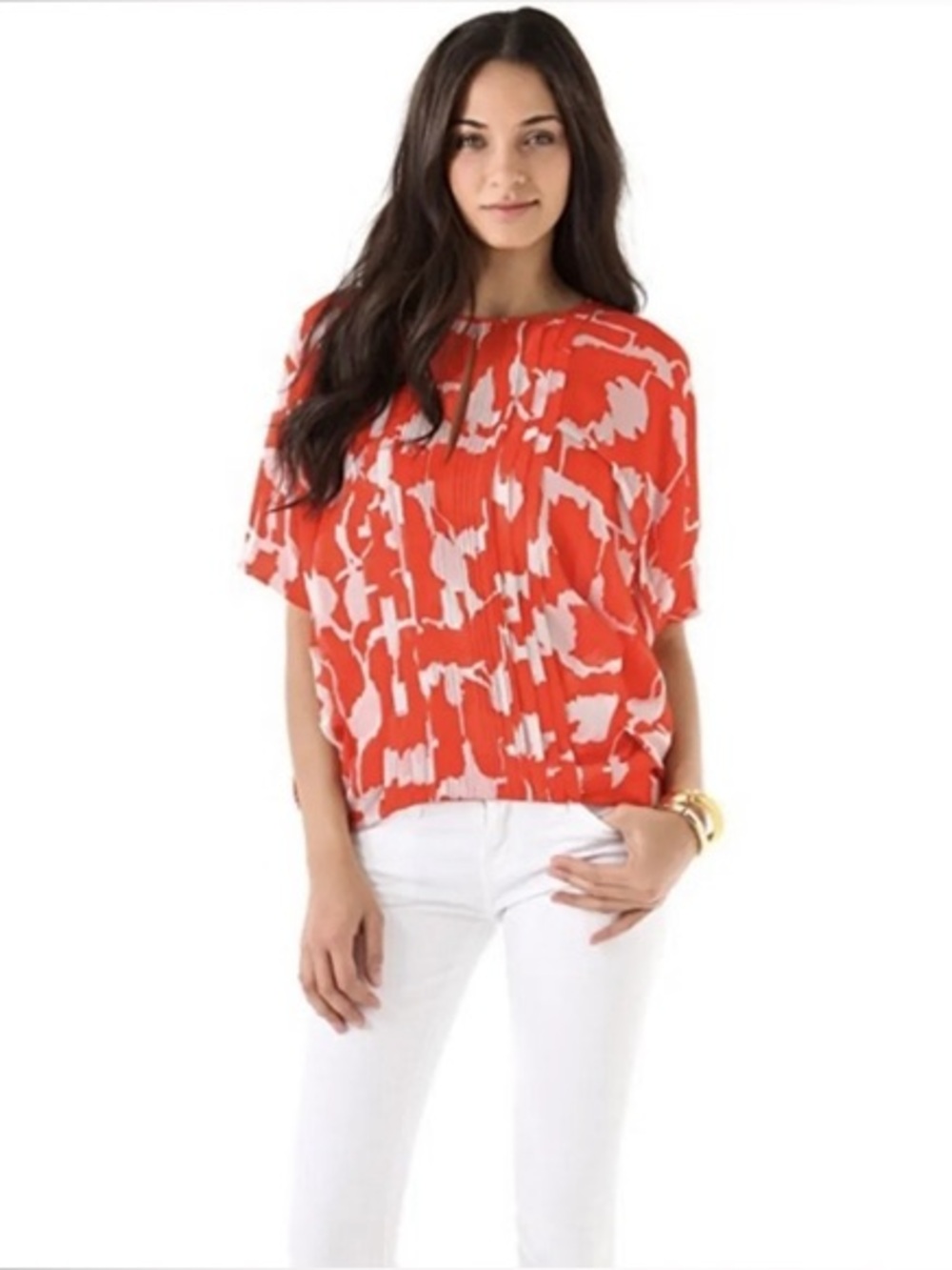Diane von Furstenberg Medium Red Abstract Silk Blouse